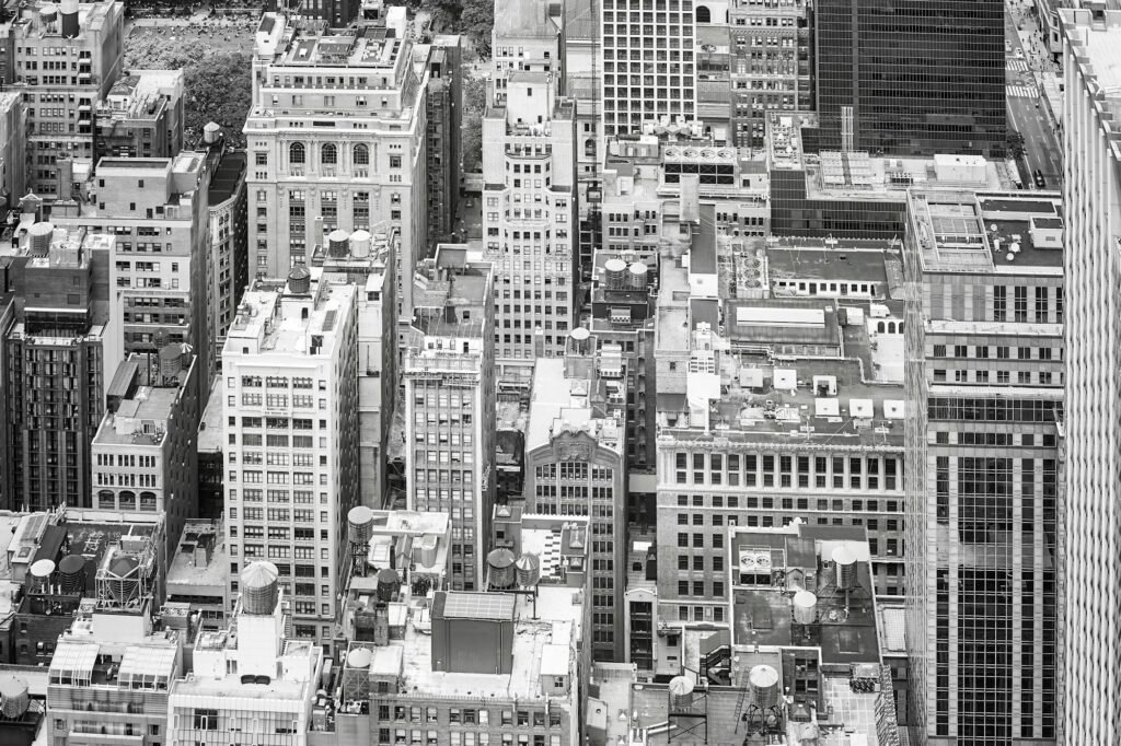 New York City black and white aerial picture, USA.